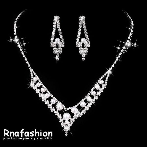

rnafashion women sparkling v shaped rhinestone crystal pearl necklace earring charm wedding bridal jewelry set gift jewelry, Silver