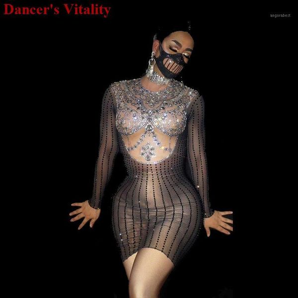 

shiny sheer women dress birthday party dress rhinestone outfit nude bodysuit mirror ds costume female singer stage wear1, Black;red