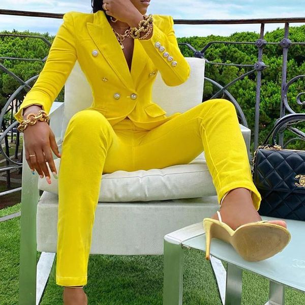 

autumn fashion women suit pants two-piece double breasted lapels elegant pink yellow long sleeve casual ladies blazer jacket1, Gray