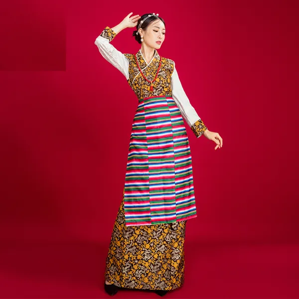2021 Neue goldgelbe Sping Herbst tibetische Kleidung Lhasa ethnischer Stil tibetisches Bola Tanzkleid Zang Kleidung hohe Qualität
