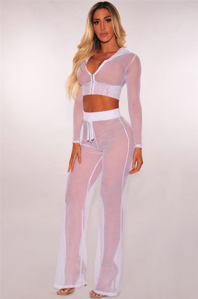 

solid color hooded gauze long pants 2pcs set slim v neck woman two piece outfit fashion casual tracksuits, White