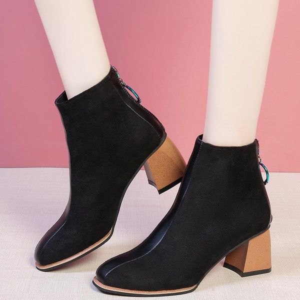

women's shoes 2020 autumn square after the zipper head casual high heel fashion thick heel black slimming martin short boots