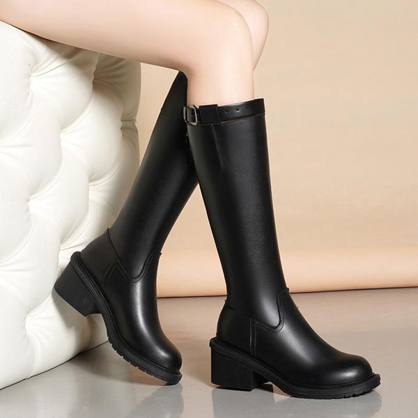 

black knee high boots high heels women shoes riding boots metal buckle chunky heel thigh knee women botas altas mujer