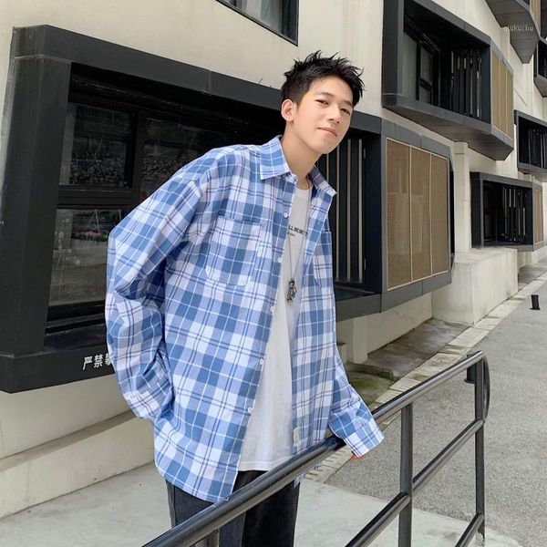 

plaid shirts men casual plus size streetwear clothes baggy mens shirt korean fashion blouse button males aesthetic apparel soft1, White;black