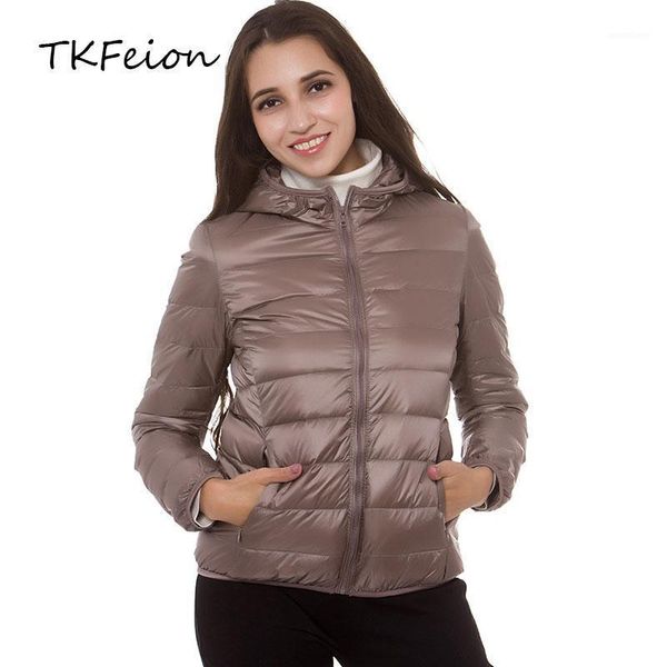 

women short hooded jackets spring autumn light thin style 2020 fashion female solid striped coats warm duck down filler with bag1, Black;brown