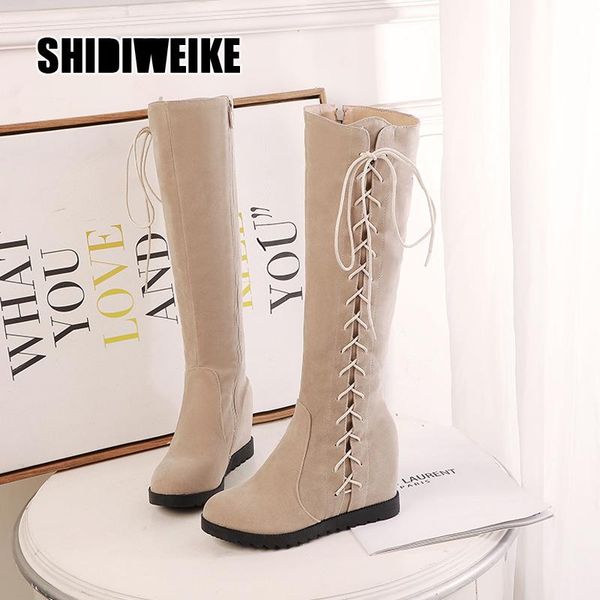 

new fashion woman long boots female winter warm wedges comfortable round toe knee high boot casual lace shoes v931, Black