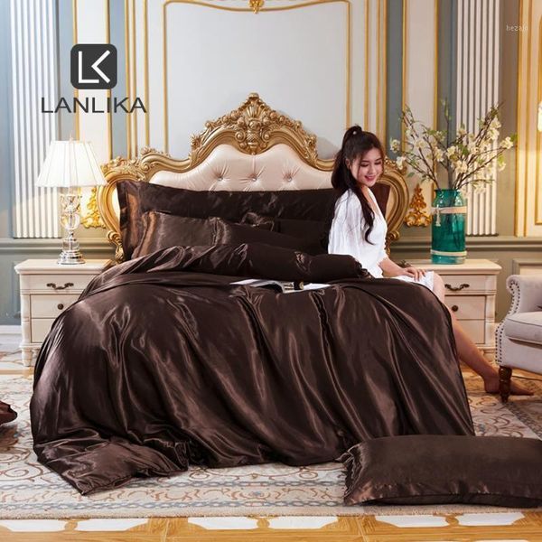 

bedding sets parkshin dark brown 100% silk women beauty set healthy skin duvet cover euro bedspread  king bed linen home textile1