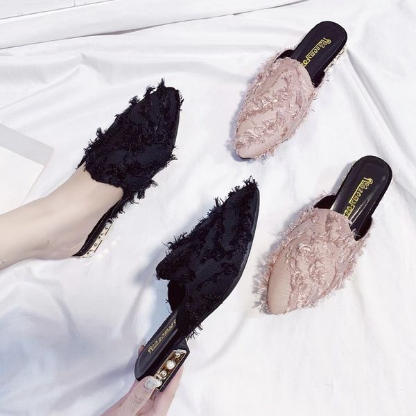 

half slippers female in the summer of 2020 the new spring web celebrity sandals lazy fashion mill shoes with flat sole x1020, Black