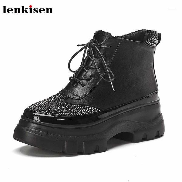

lenkisen leisure style crystal studded thick bottom genuine leather lace up round toe women keep warm winter zip ankle boots l021, Black