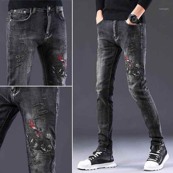 

2020 new trend embroidered jeans men's straight slim stretch hole patch pants men black demin jeans-ker1, Blue