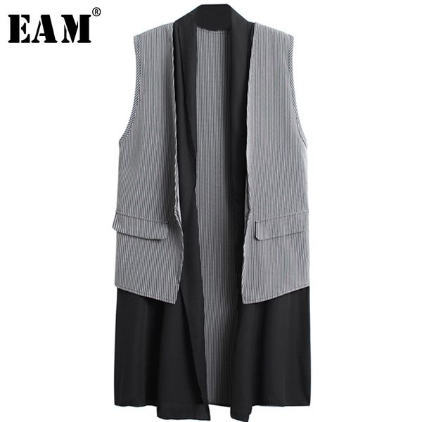 

eam] 2020 new spring summer cardigan sleeveless spliced pockets plaid brief temperament long vest women fashion tide jx797 1023, Black;white