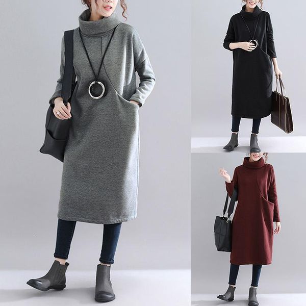

zanzea women's dress 2021 autumn ladies solid side pockets mid calf vestidos casual loose turtleneck sweatshirt sundress robe, Black;gray