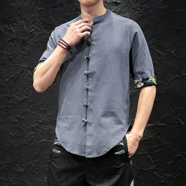 

chinese style summer men's cotton and hemp medium sleeve shirt, White;black