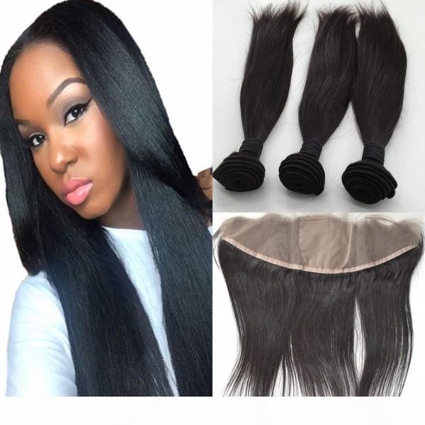 

unprocessed indian virgin human hair straight with silk full lace frontals 3 bundles with 13x4 silk based lace frontal closure, Black