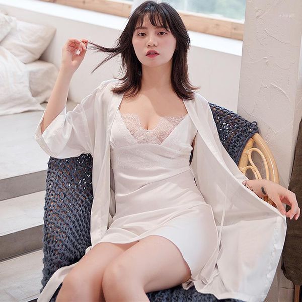 

women's spring autumn simulation silk backless slip dress nightgown two piece set solid color lace pajamas with chest pad1, Black;red