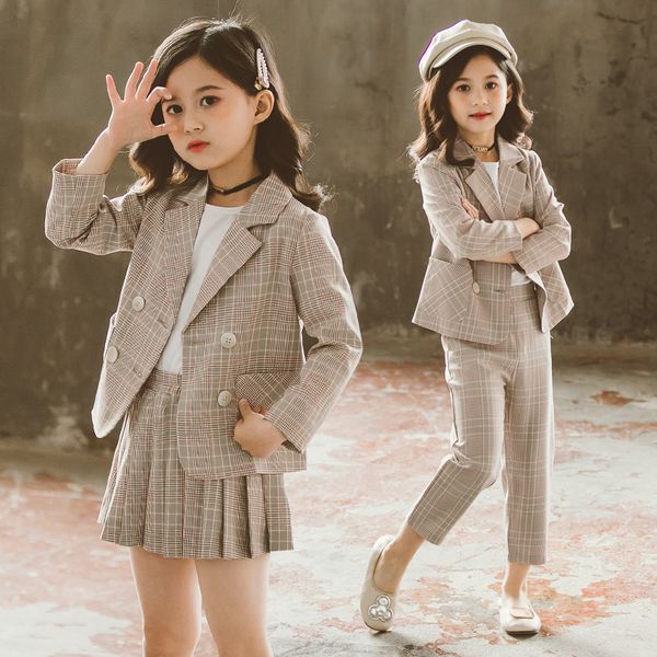 

fashion girls clothing sets spring autumn kids plaid suit long-sleeved girls outfits children school clothes 4 6 8 10 12 yearsx1019, White