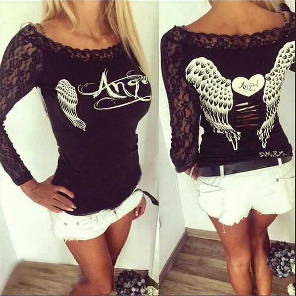 

2021 blouses women angel wings back printing long sleeve loose prints shirt casual lace off shoulder blouse cotton shein, White