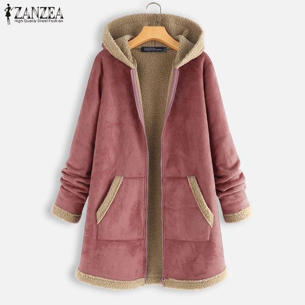 

2019 plus size zanzea winter zipper fleece jackets women vintage solid hooded long sleeve warm coats overcoats femme outwear1, Black;brown