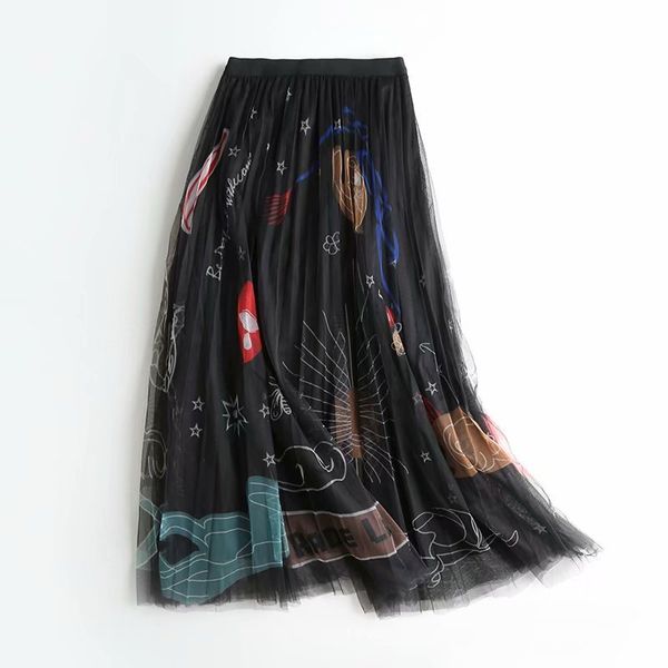 

women mesh tulle elastic high waist graffiti print long female a-line pleated saias femme maxi skirts y200326, Black
