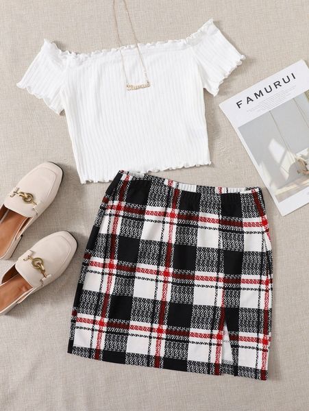 

off shoulder lettuce trim & plaid skirt set s3hd#, White