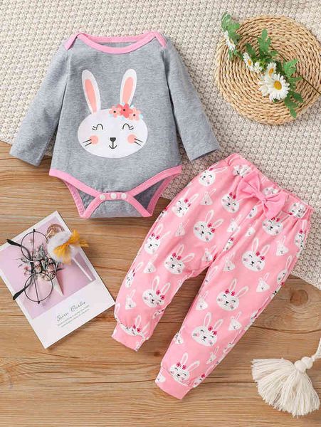 

baby rabbit print contrast binding bodysuit & bow front sweatpants she, White