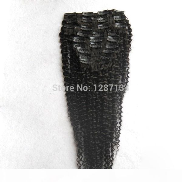 

wholesale-wholesale afro kinky curly clip in human remy hair extension 9pcs set full head afro curl virgin brazilian hair, Black;brown