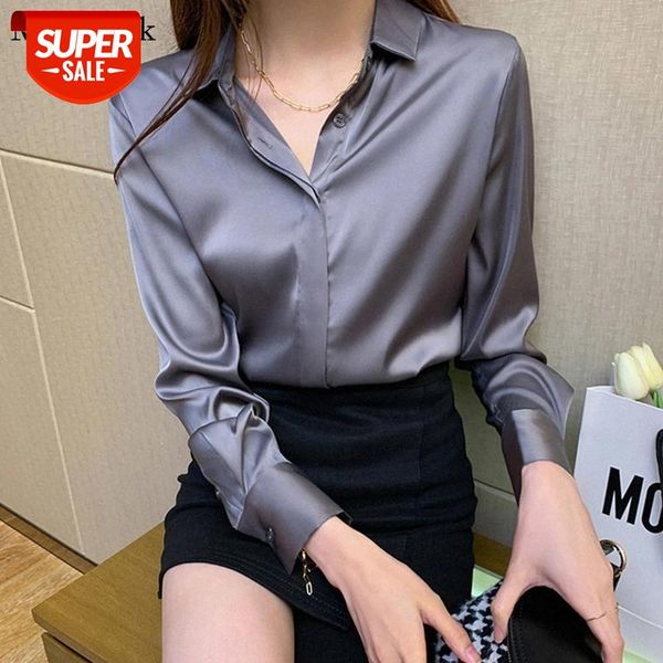 

new spring solid women shirt long sleeve blouses single-breasted satin female shirts loose chiffon blouse casual 12803 #tf40, White