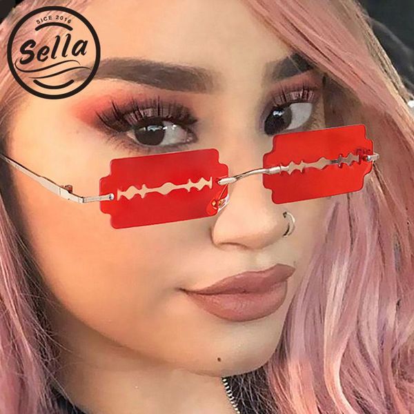 

sunglasses sella arrival fashion women men tint lens blade shaped hollow out red purple rimelss t-show street styles eyewear, White;black