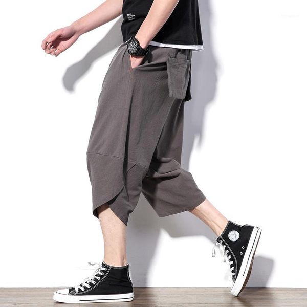 

streetwear men solid summer harem pants mens 2020 loose pockets calf-length trousers male wide leg chinese style vintage pants1, Black