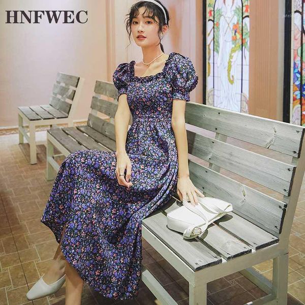 

french square collar small floral dress slim puff sleeves printed pullover a-line sweet dress female vestido t9081, Black;gray