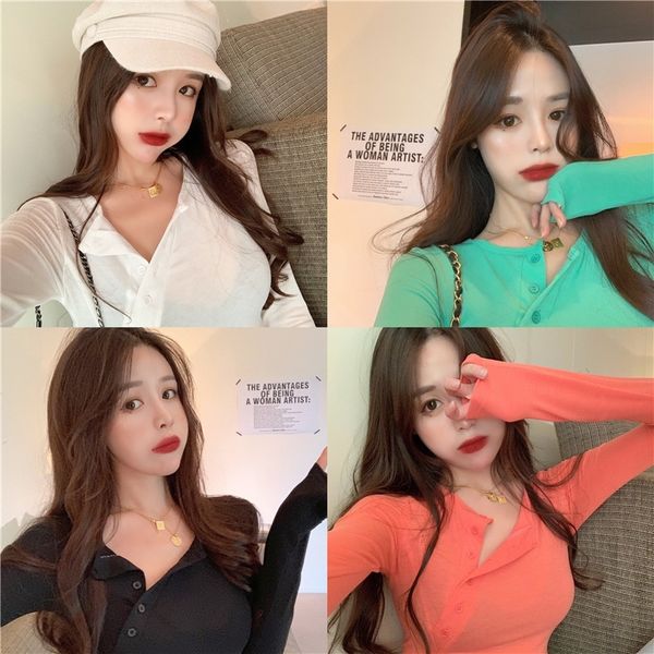 

ih2ry slim 2020 single ins korean candy breasted round neck autumn slim new color regular coat korean t-shirt t-shirt ulyj6, White