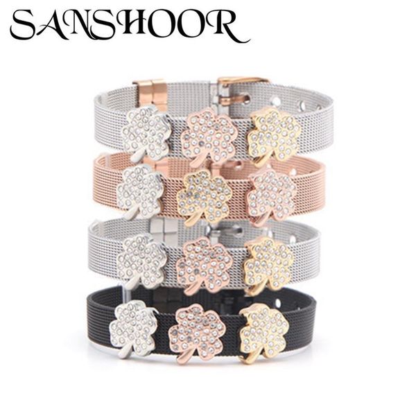 

dropshipping sanshoor stainless steel mesh bracelet set with crystal clover slides charms for women and teenagers, Golden;silver
