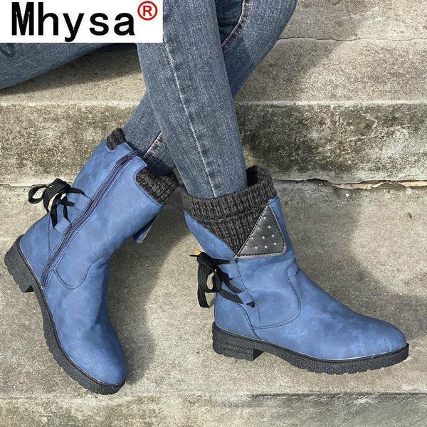 

boots 2021 mid calf winter women snow cowboy style knee high botassewing platform shoes ladies warm causal1, Black