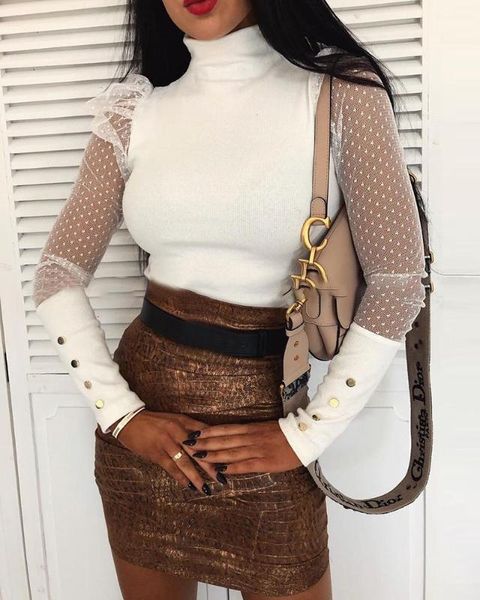 

2020 ladies elastic slim sweater button mesh long-sleeved women mesh puff sleeve sweater fashion pretty turtleneck dress1, White;black