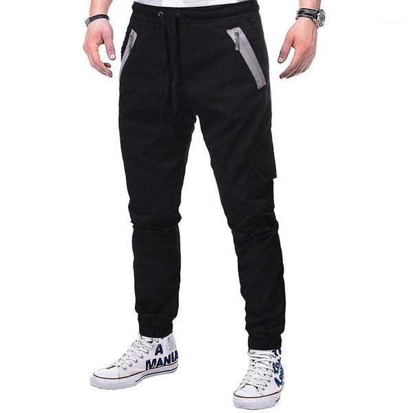 

spring and autumn new fashion casual men in solid color zipper pocket sweatpants slim jogging pants men1, Black