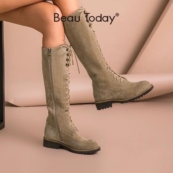 

boots beautoday long women cow suede leather brogue lace-up side zipper winter fashion knee high riding handmade 02207, Black
