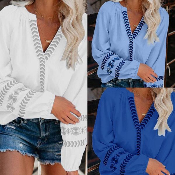 

large size loose women blouses v-neck printed women blouse 2020 autumn long sleeve fashion blouse1, White