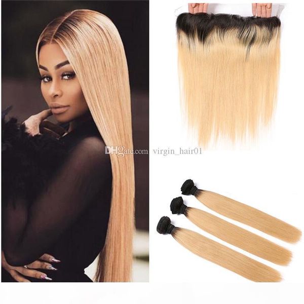 

dark root honey blonde human hair weft bundles with full frontals 1b 27 blonde ombre hair weaves with 13*4 lace frontal closure, Black;brown