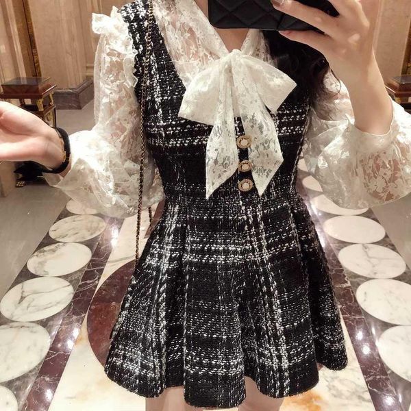 

two piece set tweed plaid short romper autumn winter women bow collar lace shirt sets tank pearl button mini jumpsuit a015, Gray