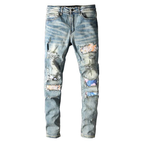 

men's vintage patchwork stretch biker jeans streetwear holes ripped slim ny denim pants trousers, Blue