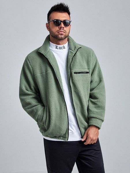 

extended sizes men drop shoulder zipper detail teddy jacket p2r2#, Black;brown