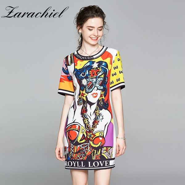 

fashion cartoon pattern print dress women's short sleeve o-neck summer street dress female loose runway long t-shirt dress y200805, Black;pink