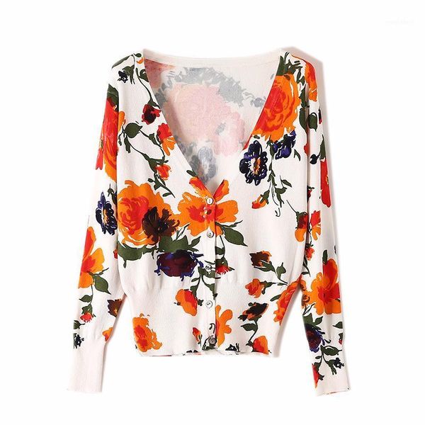 

v-neck floral print cardigan women 2020 autumn slim thin knitted sweater long sleeve cardigans1, White