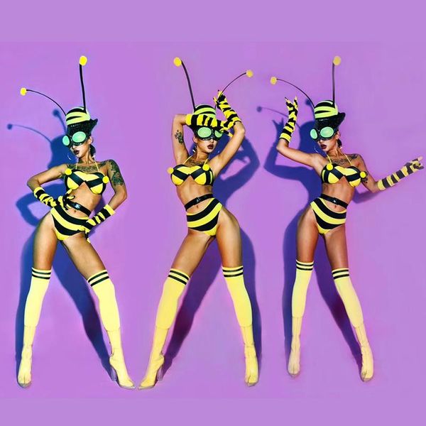 

female gogo dancer cosplay bee costume stripe bikini accessories set bar pub party festival clothing rave stage dance wear 2057, Black;red