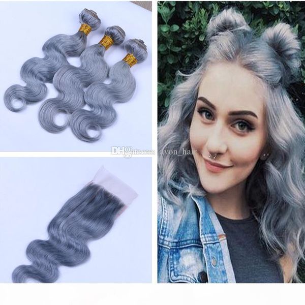 

brazilian body wave #grey hair weft with lace closure 3bundles with closure 4pcs lot brazilian silver grey hair extension with closure 4x4, Black;brown