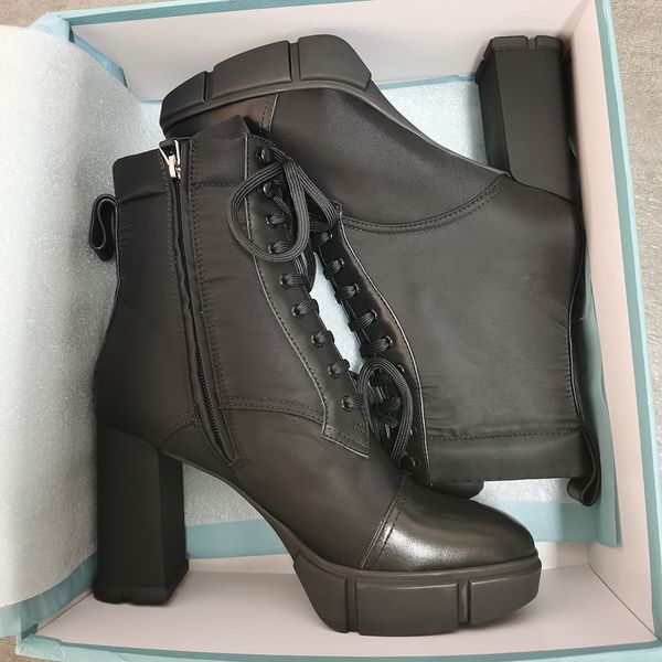 

designer plaque ankle boots women high heels 9.5cm platform shoes genuine leather black lace up chunky rubber shoes with box