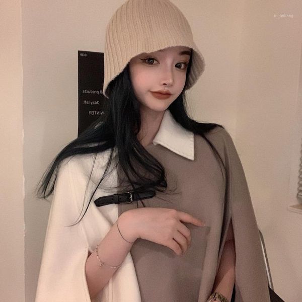 

women's wool & blends [ewq] 2021 winter female fashion casual turn down collar minimalist panelled khaki short woolen cloak overcoat 8q, Black