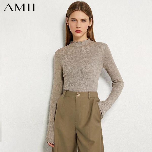 

amii minimalism autumn fashion women sweater solid pleated slim fit turtleneck sweater female pullover 120601021, White;black