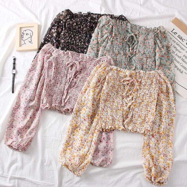 

2020 new sweet off shoulder collar floral print fold slim fit short short chiffon shirt women1, White