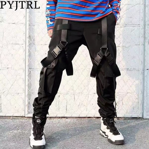 

pyjtrl men multi buckle ribbons pockets joggers cargo harem pants streetwear autumn hip hop casual pants pantalon homme trousers 201106, Black